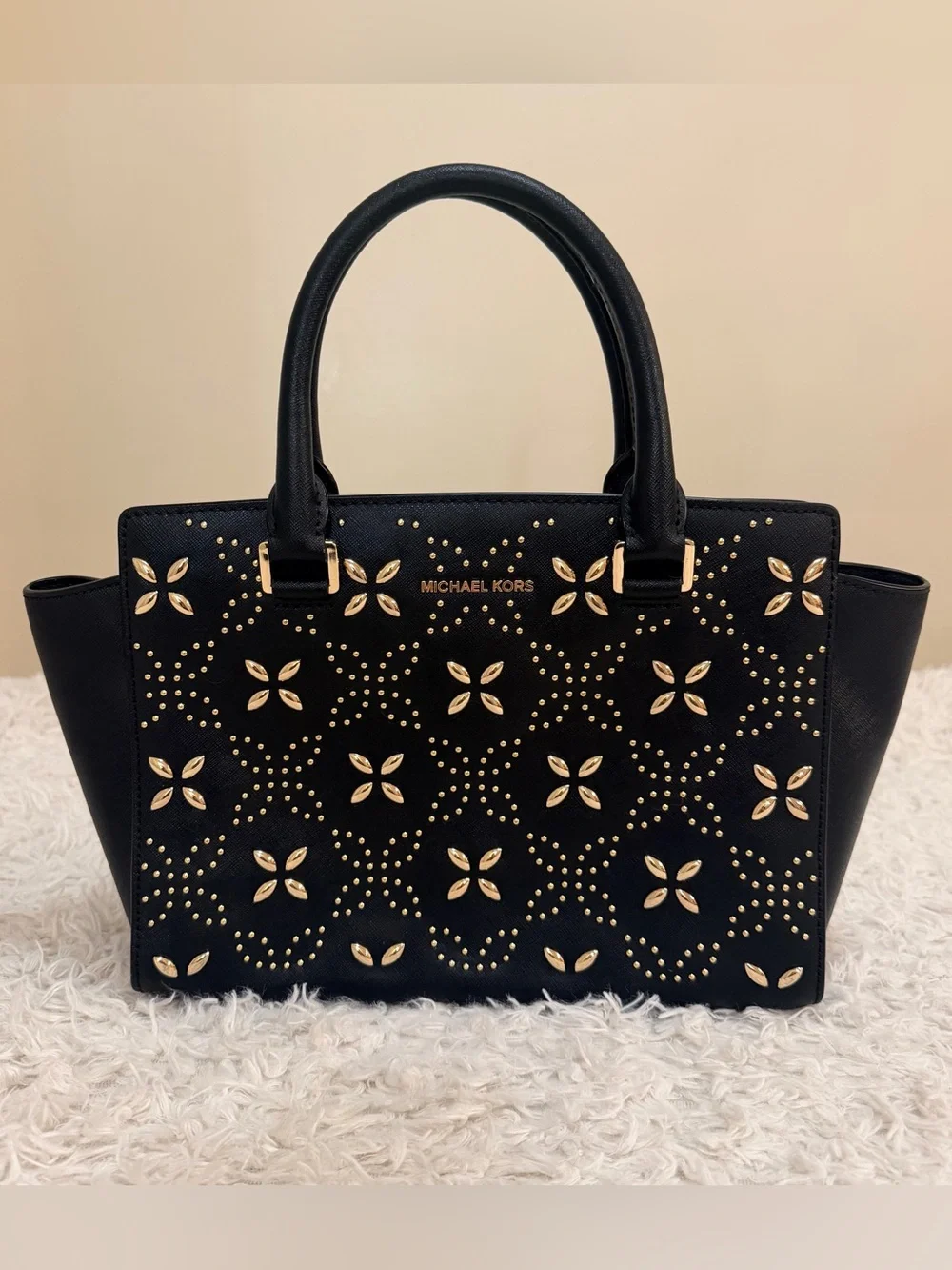 Michael Kors Selma Medium Studded Floral Satchel In Black Saffiano Leather